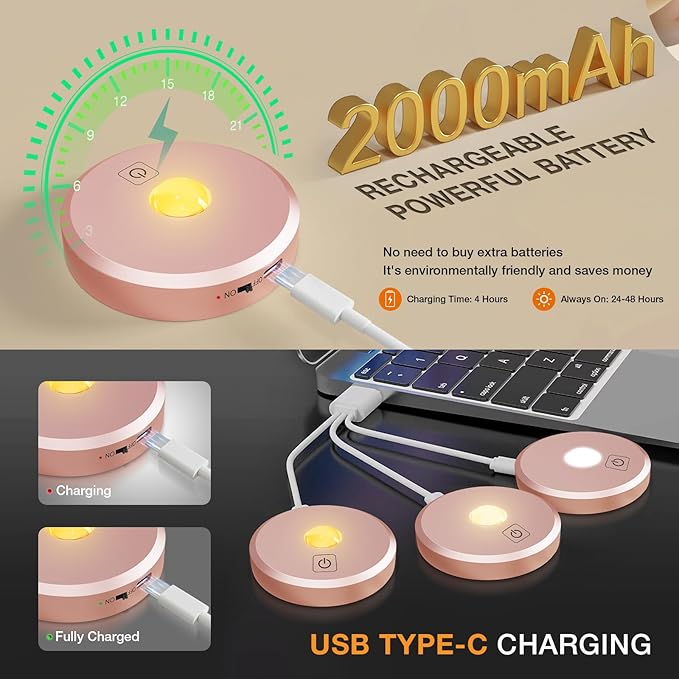 Puck Lights with Remote Control,2000mAh Rechargeable Under Counter Lighting,3 Color Temperatures Dimmable Under Cabinet,Closet Light,3Pack Tap Light for Hallway (Rose Gold, 3 Pcs)