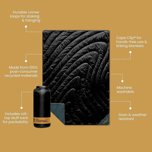 Rumpl Original Puffy Blanket - Warm Puffy Camping Blanket, 100% Recycled Polyester Insulation, Lightweight, Packable, Water-Resistant, Outdoor Puffer Blanket, 52"x75", V2, Black