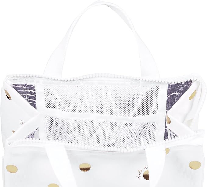 Kate Spade New York Portable Soft Cooler Lunch Bag, Thermal Tote with Silver Insulated Interior Lining and Storage Pocket, Gold Dot with Script