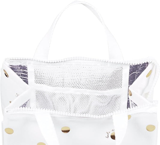 Kate Spade New York Portable Soft Cooler Lunch Bag, Thermal Tote with Silver Insulated Interior Lining and Storage Pocket, Gold Dot with Script