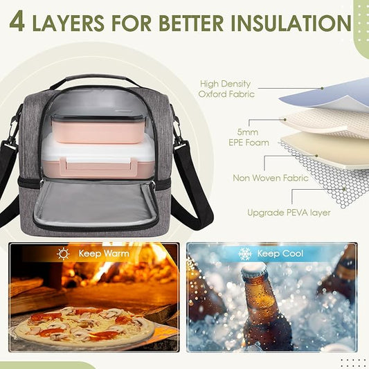 Lunch Box Lunch Bag for Women Men Reusable Insulated Lunch Bag Women Lunch Cooler Tote Bags with Adjustable Shoulder Strap for Office Work Picnic Travel, Light Gray