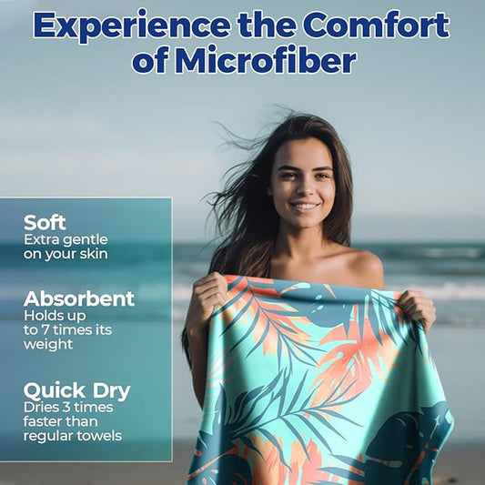 Microfiber Beach Towels - Soft & Lightweight - Absorbent, Quick Dry, Sand Free - Perfect for Beach, Pool, Travel, Camping, Picnic, Yoga - Matching Travel Bag - XL - Tropical Breeze