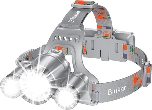 LED Headlamp, 8000L Super Bright Rechargeable Headlight Flashlight - 3 Lights 5 Modes,Zoomable,Spotlight&Floodlight Combination, IPX6 Waterproof, 20+Hrs Runtime for Running,Hiking etc-Gray