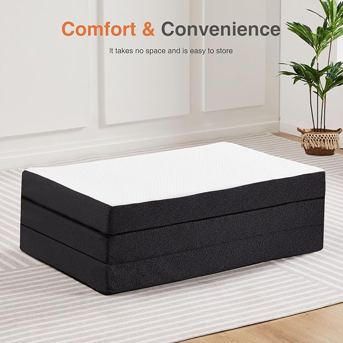 Sweetcrispy Folding Mattress, 4 inch Tri-fold Memory Foam Mattress Topper for Camping, Foldable Mattress Topper with Washable Cover, Guest - Twin Size, White