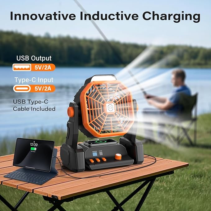 Portable Camping Fan Rechargeable with Inductive Charging Function, 20000mAh Battery Operated Fan with Lights, Outdoor Battery Powered Fan with Remote, 3 Timer for Picnic, Fishing, Travel, Home