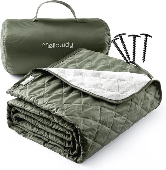 Mellowdy Easy-Carry Outdoor Blanket - Waterproof, Windproof, Warm, Utility Blanket for Camping, Picnic, Stadium, Beach, Gameday, Travel, Foldable with Carrying Bag (Olive Green, 55x80 inch)