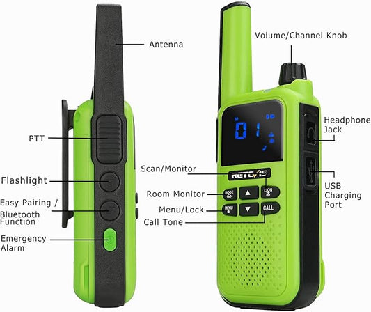 Retevis RA19 Bluetooth Walkie Talkies Rechargeable, Long Range Two Way Radio,NOAA 1400mAh Battery with Wireless Bluetooth Headset for Riding Outdoor Adventure Team(Green,5 Pcs)