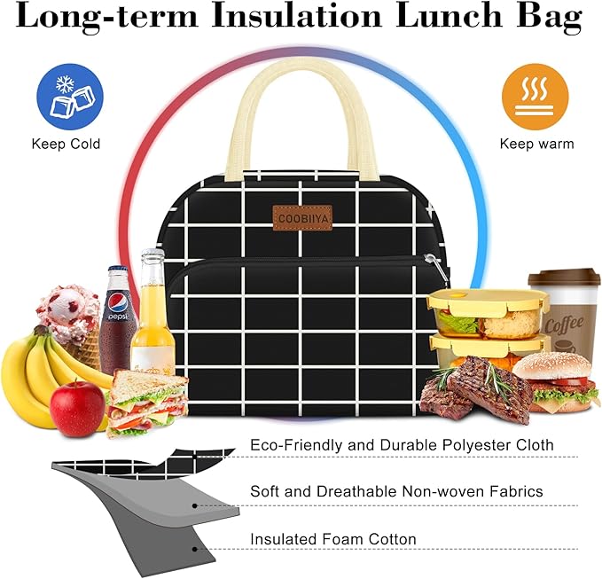 Coobiiya Lunch Bag Women, Lunch Box for Women Adult Men, Small Leakproof Cute Lunch Tote Large Capacity Reusable Insulated Cooler Lunch Container for Work/Office/Picnic/Travel-Black Plaid