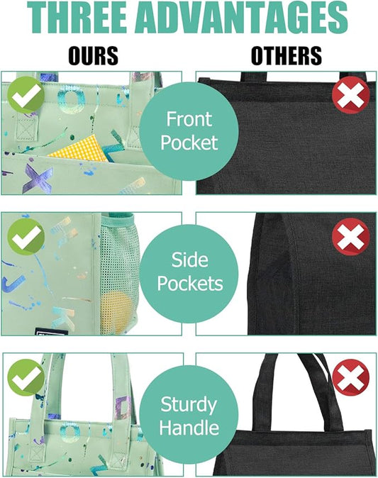 Fmeida Insulated Lunch Bag Women, 6.75L Small Lunch Tote Bags, Waterproof Thermal Cooler Lunch Bag, Reusable Lunch Box with Front Side Interior Pockets, Colorful Letters