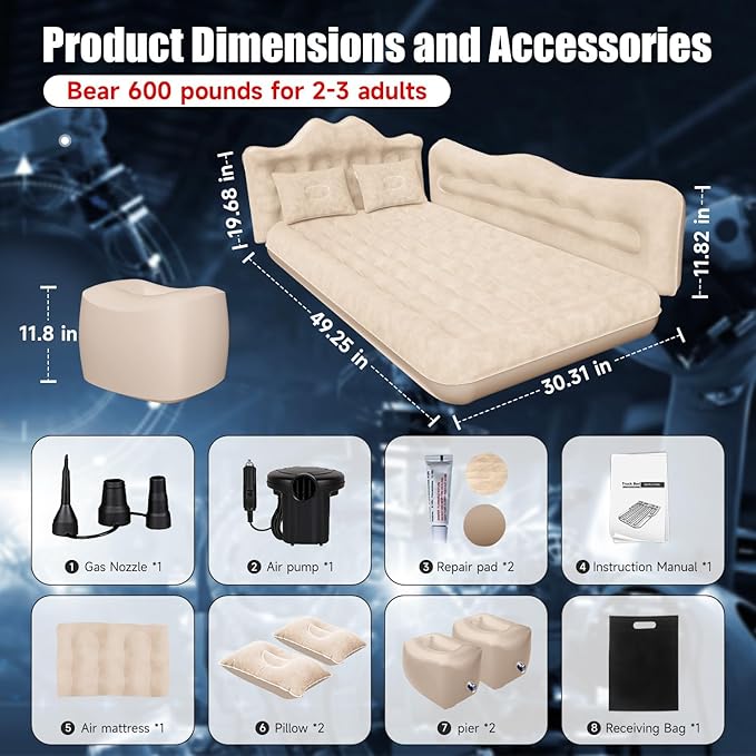 Car Air Mattress, Inflatable SUV Truck Air Mattress Back Seat Camping Bed Thickened Car Sleeping Pad for Travel, Car Bed SUV Mattress with Air Pump 2 Pillows