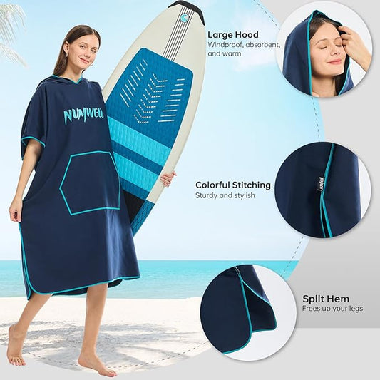 Microfiber Surf Poncho Changing Towel Robe with Changing Mat, Quick Dry Hooded Towel Poncho with Pocket for Beach, Pool, Swim, Wetsuit Changing (Navy)