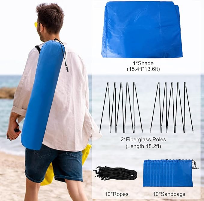 Beach Shade - 200 Sq. Ft Beach Canopy for 4-8 People, Portable Sun Shelter with UV Protection, Lightweight & Easy Setup for Family Outdoor Activities (Light Blue)