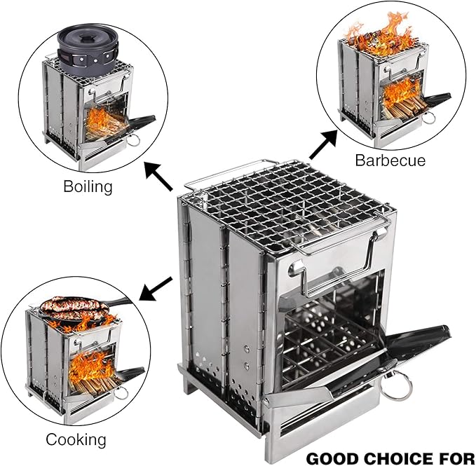 REDCAMP Wood Burning Folding Camp Stove Stainless Steel Grid, Portable Collapsible Backpacking Stove Survival Rocket Stove for Hiking Outdoor Tent Camping Picnic BBQ, Samll