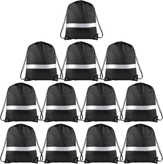 KUUQA 12 Pcs Drawstring Backpack Bag Bulk Reflective Backpack Black String Bags Cinch Sack Backpack for Team Yoga Sport Gym Traveling