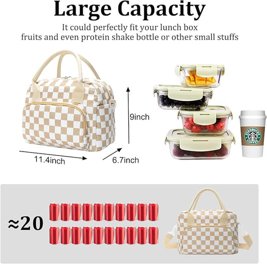 Insulated Lunch Bag for Women Men Large Reusable Lunch Box Adult Leakproof Portable Cooler Tote Bags for Work Picnic (khaki plaid)