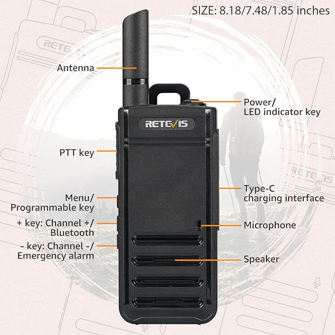 Retevis RB39P Bluetooth Walkie Talkies, Wireless Two Way Radios with Earpiece, FRS, Ultra-Slim, Mini Size, Type-C, VOX, for Camping, Hiking, Biking(2 Pack)
