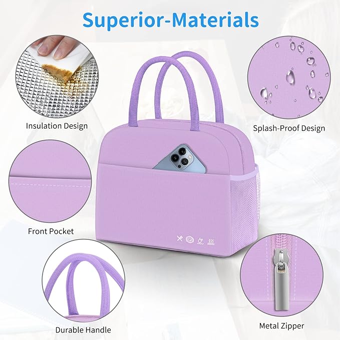 Lunch Bag Lunch Box for Women Men Reusable Insulated Lunch Bags for Adults,Leakproof Cute Cooler Lunch Tote Bag, Large Capacity for Work Travel Picnic,Purple
