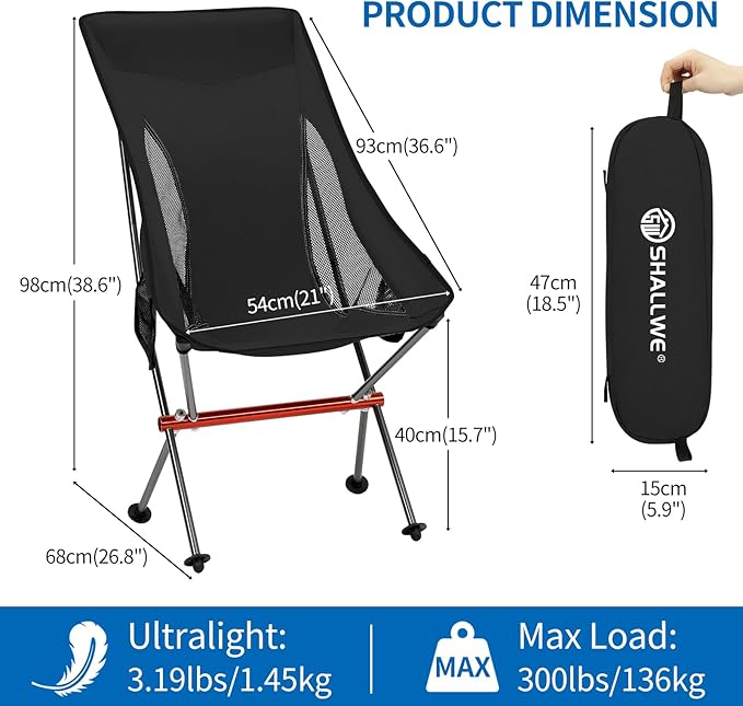 Camping Chairs, All Aluminum Frame Portable Folding Camp Chair for Adults, Heavy Duty High Back Collapsible with Built-in Pillow, Side Pocket, Carry Bag for Backpacking, Hiking, Beach