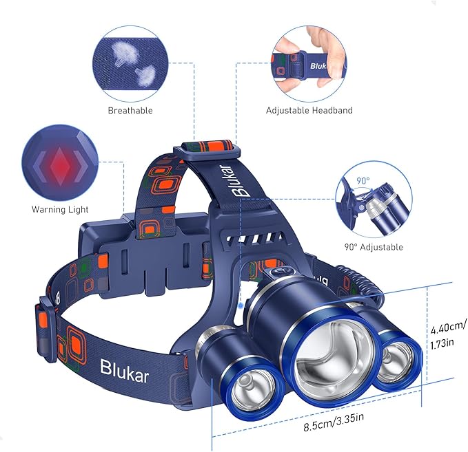 LED Headlamp, 8000L Super Bright Rechargeable Headlight Flashlight - 3 Lights 5 Modes,Zoomable,Spotlight&Floodlight Combination, IPX6 Waterproof, 20+Hrs Runtime for Running,Hiking etc-Blue