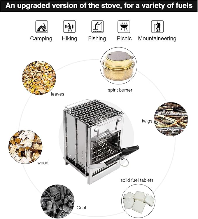 REDCAMP Wood Burning Folding Camp Stove Stainless Steel Grid, Portable Collapsible Backpacking Stove Survival Rocket Stove for Hiking Outdoor Tent Camping Picnic BBQ, Samll