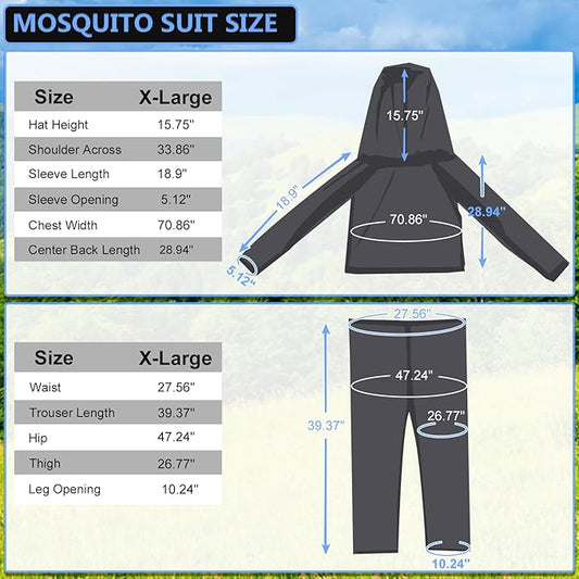 Mosquito Suit - Net Bug Pants & Jacket with Hood - Mesh Bug Suit for Outdoor Protection from Bugs, Flies, Gnats, No-See-Ums & Midges - Mosquito Clothing for Men & Women with Carrybag, XL Size