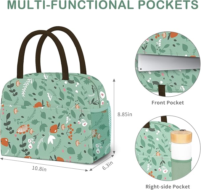 Lunch Bag Lunch Box for Women Men Reusable Insulated Lunch Tote Bag, Handbags Case High Capacity for Travel Work Picnic, Green Leaves