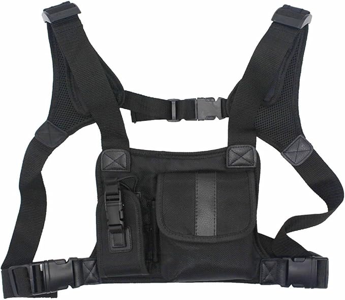 Universal radio harness chest Rig Bag Pocket Pack Holster Vest for Two Way Radio (Rescue Essentials) (Leather Black)