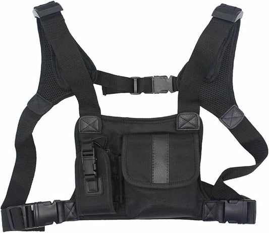 Universal radio harness chest Rig Bag Pocket Pack Holster Vest for Two Way Radio (Rescue Essentials) (Leather Black)