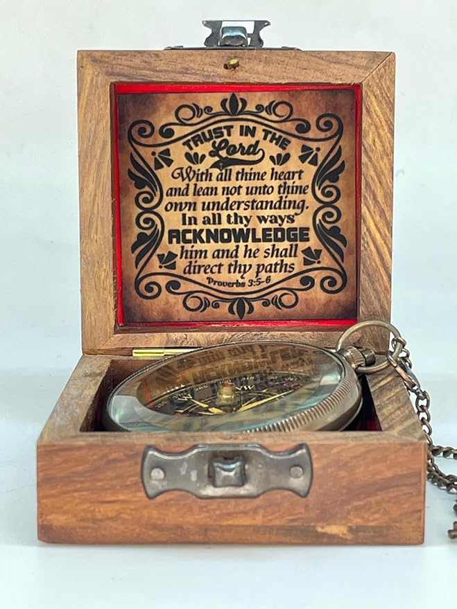 Brass Compass Engraved “Trust in The Loard” Compass is Unique Birthday Gifts for Men, Husband or Wife Customize Antique Compass is a Classy Gifts, with a Wooden Box.
