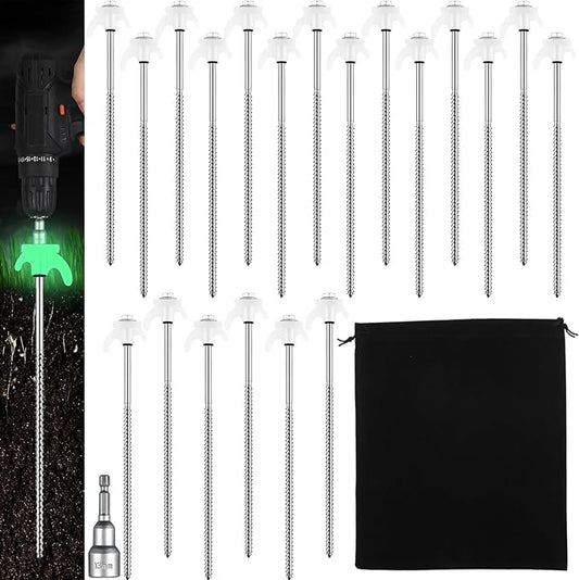 JaGely 10 Pcs 12 Inch Tent Stakes Heavy Duty Grow in the Dark Tent Stakes Metal Screw in Camping Stake with Luminous Head Ground Anchor Peg with Hex Head Driver for Camping Yard Decor (Luminous White)