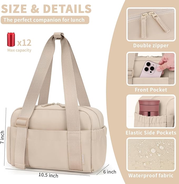 ZOMFELT Insulated Lunch Bag Women, Cute Lunch Tote Bag Lunch Box for Women, Leakproof Large Capacity Womens Lunch Bags with Adjustable Shoulder Strap for Work Office Outdoor Picnic Camping, Brown