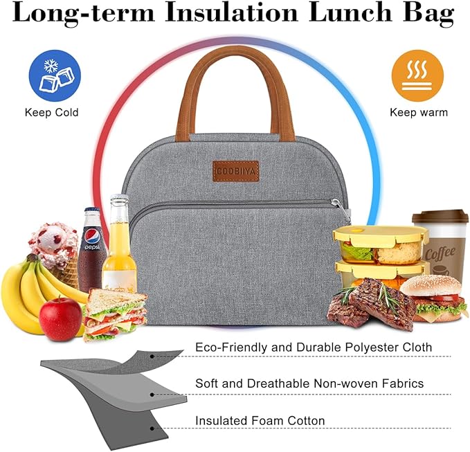 Coobiiya Lunch box for Women/Men/Adult, Lunch Box Lunch Bag Women, Small Leakproof Cute Lunch Tote Large Capacity Reusable Insulated Cooler Lunch Container for Work/Office/Picnic/Beach-Grey