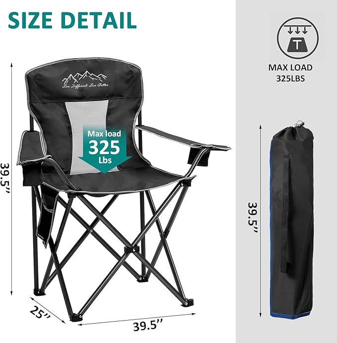 Outdoor Folding Camping Chair with Cup Holder, Storage Bag, Large Anti-Sink Feet, 325lbs Capacity, Breathable Mesh Portable Chair for Camping, Beach, Fishing, Sports, Black