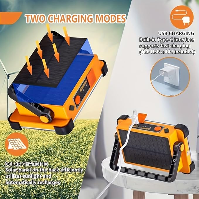 120W LED Solar Work Light, 144 LED 10000LM Portable Flood Light with Stand, 4 Modes Rechargeable Power Bank, IP65 Waterproof Outdoor Working Light for Camping, Fishing, Car Repair & Mechanics (1)