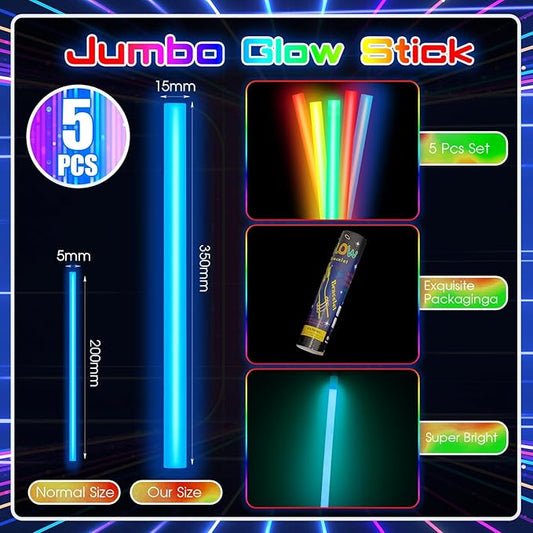 Lewtemi 5 Pcs Large Glow Sticks, 14 Inch Jumbo Light up Sticks Holiday Colorful Sticks Emergency Glow in The Dark Party Supplies for Camping, Halloween, New Year