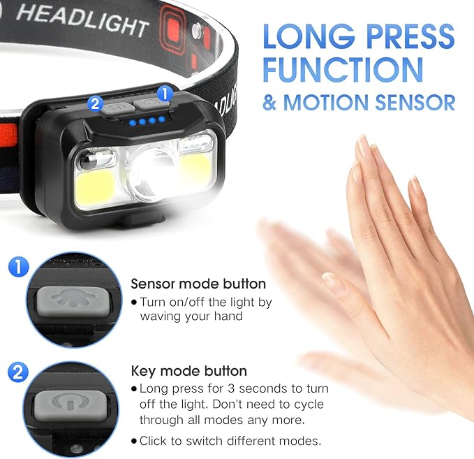 LHKNL Headlamp Rechargeable, Lumen Super Bright Motion Sensor Head Lamp Flashlight,2-Pack Waterproof LED Headlight with White Red Light,8 Modes Head Lights for Camping Cycling Running Fishing