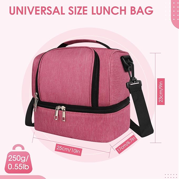 Lunch Box Lunch Bag for Women Men Reusable Insulated Lunch Bag Women Lunch Cooler Tote Bags with Adjustable Shoulder Strap for Office Work Picnic Travel, Rose Red