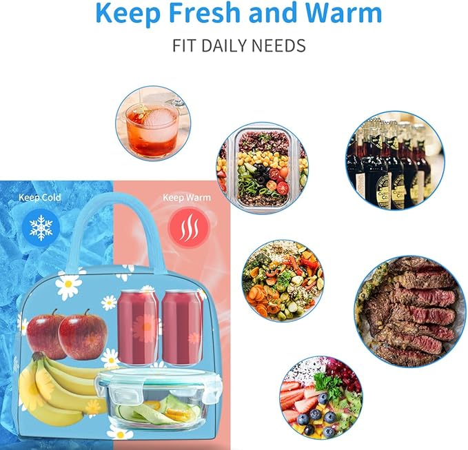 Lunch Bag Lunch Box for Women Men Reusable Insulated Lunch Tote Bag,Food Handbags Case High Capacity for Travel Work Picnic,Sky Blue Daisy