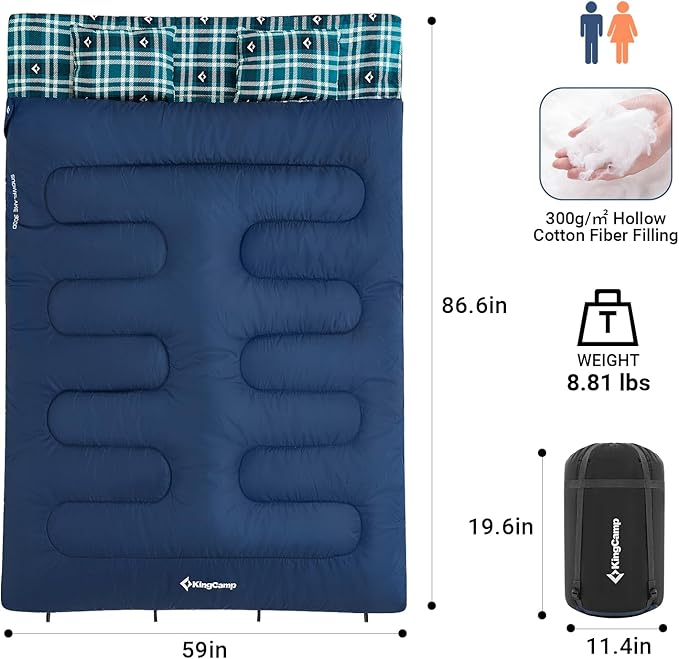 KingCamp Double Sleeping Bag for Adults, Queen Size 2 Person XXL Flannel Sleeping Bag, Waterproof Lightweight Flannel Quilt with 2 Pillows, Perfect for Couples Family Camping Hiking