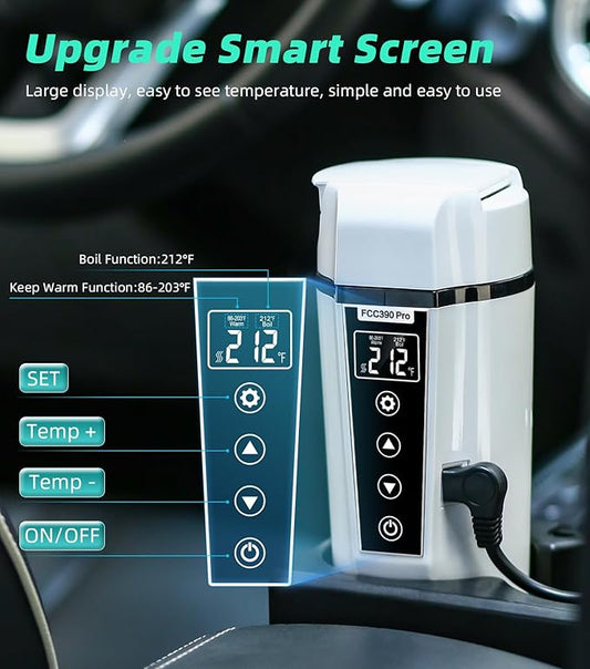 Portable Electric Car Kettle: 12V/24V Kettle Mini Water Boiler for Car Heated Travel Mug,Smart Precision Temperature Adjustment Coffee Tea Truck Cup with Handy Kettle Bag (White, 400ML)
