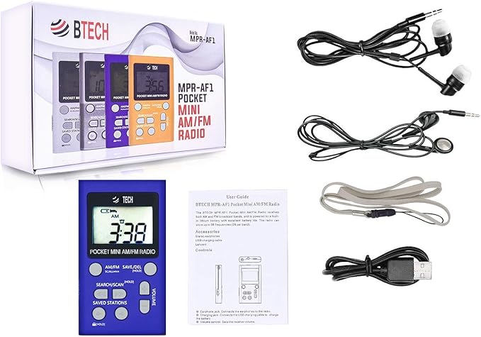 BTECH MPR-AF1 AM FM Personal Radio with Two Types of Stereo Headphones, Clock, Great Reception and Long Battery Life, Mini Pocket Walkman Radio with Headphones (Blue)