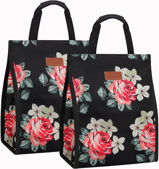 Lunch Bags for Women Insulated Reusable Lunch Tote with Internal Pocket, Lunch Tote bag for Work (Flower)