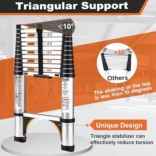 Soctone Telescoping Ladder, 10.5 FT Button Retraction Aluminum Extension Ladder with 2 Triangle Stabilizers, Multi-Purpose Ladder with Slow Down Design, 330lbs Max Capacity for House Daily Life