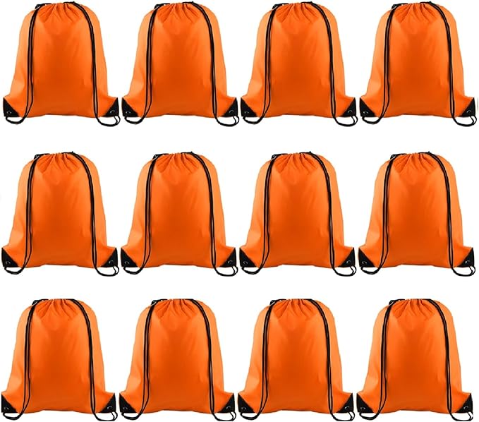 KUUQA 12 Pcs Drawstring Backpack Bags Bulk Orange Drawstring Bag Foldable Gym Bag Sports Cinch Sack String Backpack Storage Bags for Women Men Shopping Gym Travel Sports