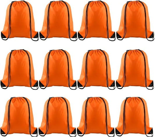 KUUQA 12 Pcs Drawstring Backpack Bags Bulk Orange Drawstring Bag Foldable Gym Bag Sports Cinch Sack String Backpack Storage Bags for Women Men Shopping Gym Travel Sports