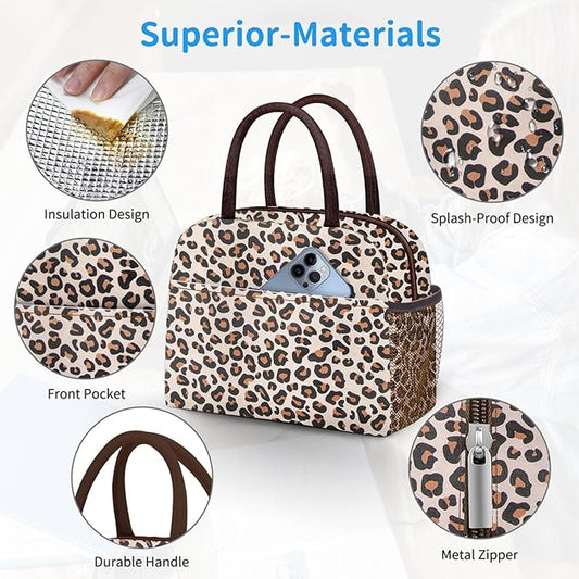Lunch Bag Women,Lunch Box Adult for Women Men Reusable Insulated Lunch Tote Bag,Leakproof Food Handbags Case High Capacity for Travel Work Picnic Beach,Leopard