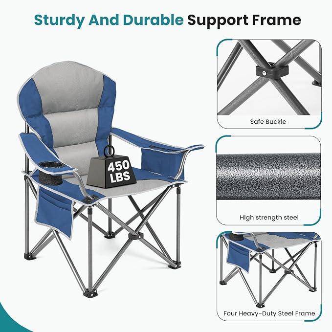 OLIXIS Heavy Duty Camping Chairs 450lbs Capacity Portable Folding Chair with Cup Holder and Cooler Bag,Sturdy Steel Frame Outdoor Chair for Backyard,Beach,Fishing