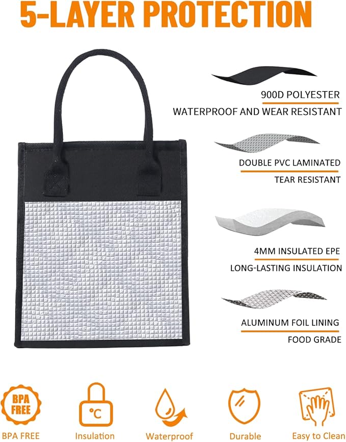 Fmeida Black Lunch Bag For Men Women Insulated Lunch Bags Waterproof Thermal Lunch Box Bag With Front Side Interior Pockets Reusable Lunch Kit