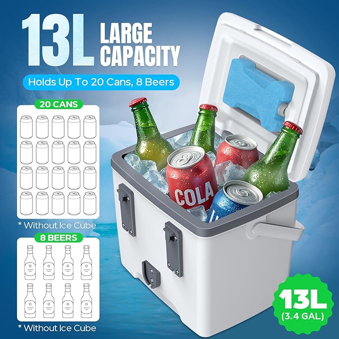 Pool Cooler, 13L Insulated Cooler Hard Cooler with Ice Crystal Box, Poolside Cooler Keeps Ice for up to 72 Hours, Portable Above Ground Pool Accessories, Pool Parties, Beach BBQ, Camping