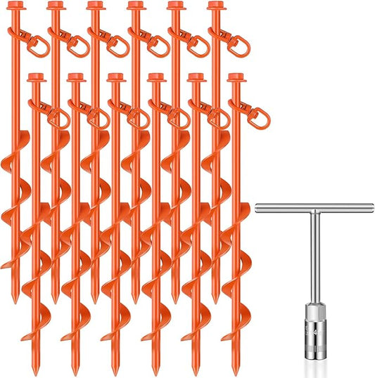 Zhengmy 12 Pcs Ground Anchors Screw in, 12 Inch Heavy Duty Tent Stakes with Trampoline Anchor Hook Ground Stakes for Camping Tent Canopies Ports Sheds Swing Sets Securing Animals (Orange)